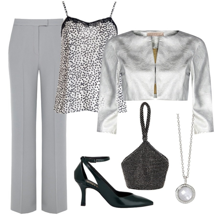 Outfit donna - Total look #1954324. Stile Chic per Cerimonia. Abbinamento con collane, bolero, pantaloni a palazzo, pochette, top, décolleté.