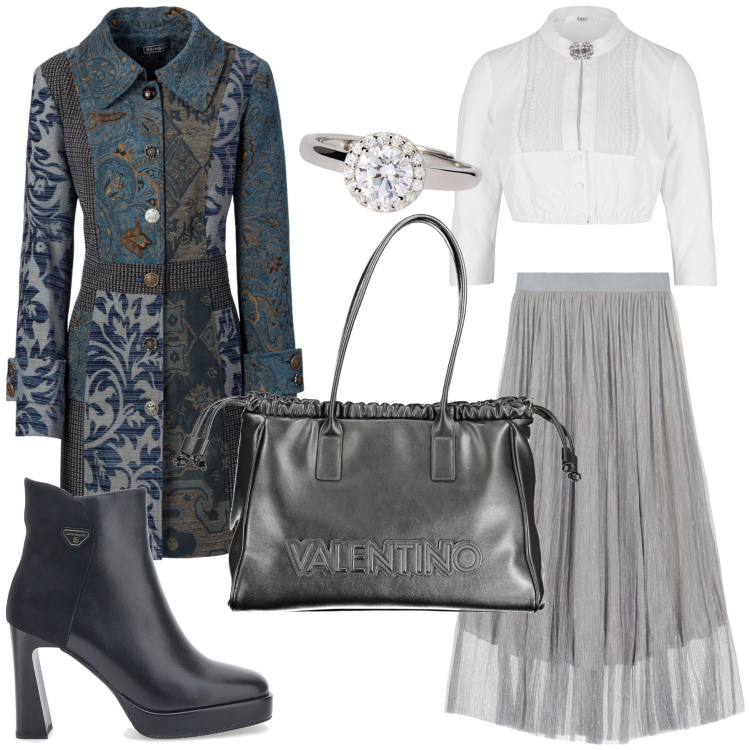Outfit donna - Boho chic per evento mondano. Stile Boho per Serata fuori. Abbinamento con cappotti, camicie, anelli, gonne lunghe, borse a spalla, stivaletti.
