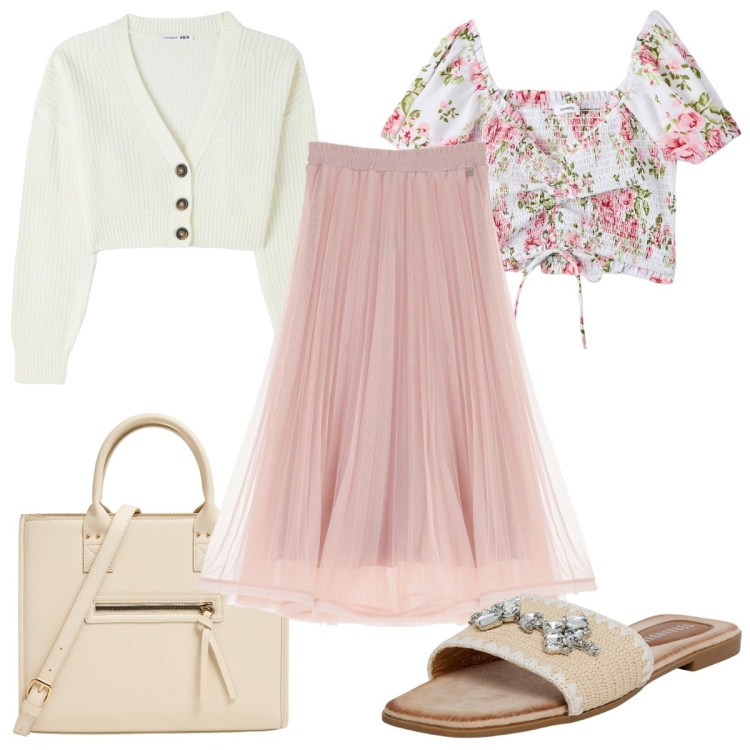 Outfit donna - Total look #1954336. Stile Romantica per Tutti i giorni. Abbinamento con ciabatte, cardigans, bluse, shopping bag, gonne lunghe.