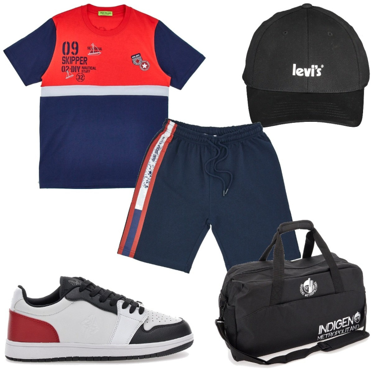 Outfit uomo - Total look #1954339. Stile Trendy per Sport. Abbinamento con borse sportive, cappelli con visiera, pantaloni, sneakers, t-shirt.