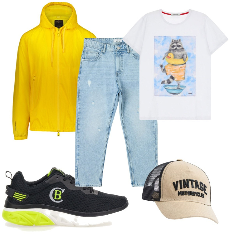 Outfit uomo - Total look #1954343. Stile Trendy per Tutti i giorni. Abbinamento con jeans strappati, cappelli, t-shirt, giacche, sneakers.