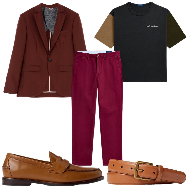 Outfit uomo - Total look #1954345. Stile Trendy per Tutti i giorni. Abbinamento con giacche, cinture, scarpe stringate, pantaloni chino, t-shirt.