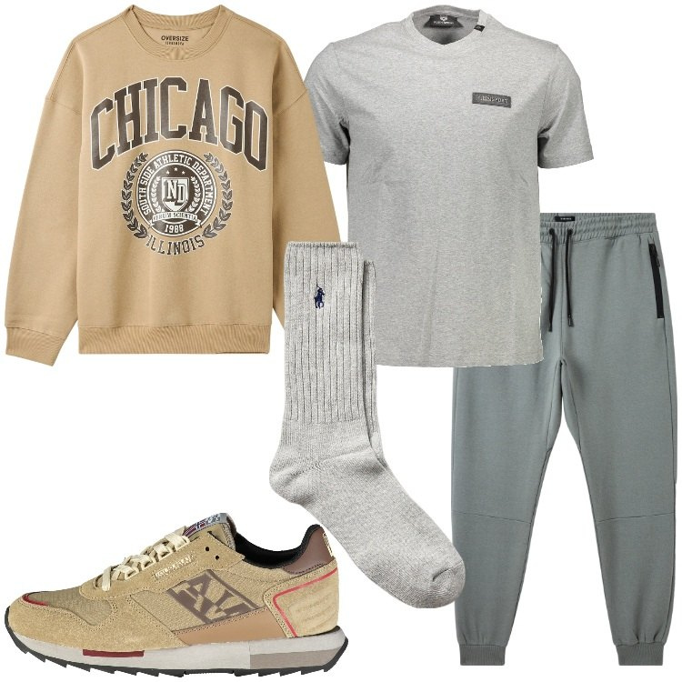 Outfit uomo - Comfort per il tempo libero. Stile Casual per Tutti i giorni. Abbinamento con felpe sportive, pantaloni sportivi, calzini, scarpe sportive, t-shirt.