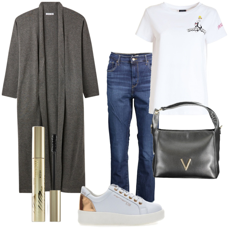 Outfit donna - Maxi e lungo. Stile Casual per Tutti i giorni. Abbinamento con mascara, cardigans, t-shirt, jeans, sneakers, borse a spalla.