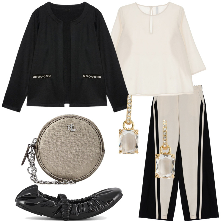 Outfit donna - Il mio stile. Stile Boho per Tutti i giorni. Abbinamento con pantaloni a palazzo, camicie, pochette, orecchini, ballerine, blazer.