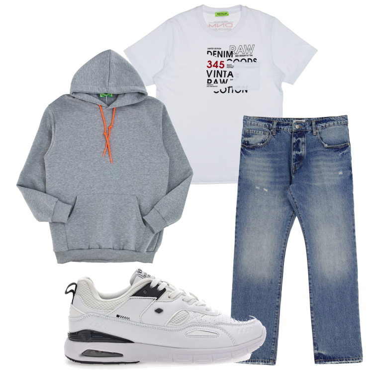 Outfit uomo - Sabato mattina. Stile Casual per Tutti i giorni. Abbinamento con jeans, t-shirt, felpe con cappuccio, sneakers.