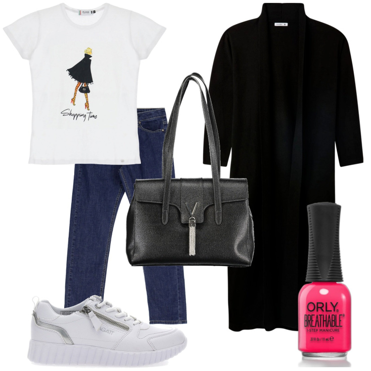 Outfit donna - In città. Stile Casual chic per Tutti i giorni. Abbinamento con smalti, cardigans, t-shirt, jeans dritti, sneakers, borse a spalla.