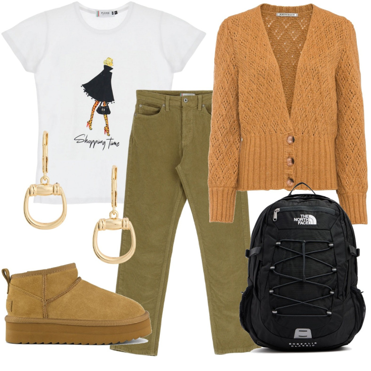 Outfit donna - Notte prima degli esami. Stile Casual per Scuola/Università. Abbinamento con cardigans, t-shirt, pantaloni, orecchini, stivaletti, zaini.