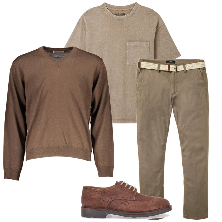 Outfit uomo - In ufficio. Stile Urban per Ufficio. Abbinamento con pantaloni chino, t-shirt, maglieria, scarpe stringate.