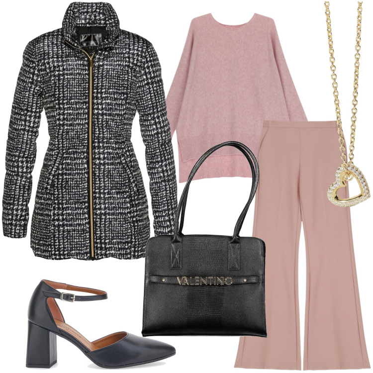 Outfit donna - Décolleté in primo piano. Stile Bon Ton per Ufficio. Abbinamento con giacche, collane, pantaloni, maglieria, décolleté, borse a spalla.