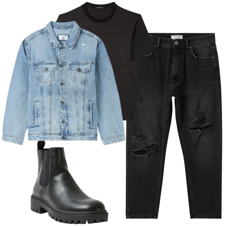Outfit uomo - City. Stile Urban per Tutti i giorni. Abbinamento con giacche, jeans strappati, stivali e stivaletti, t-shirt.
