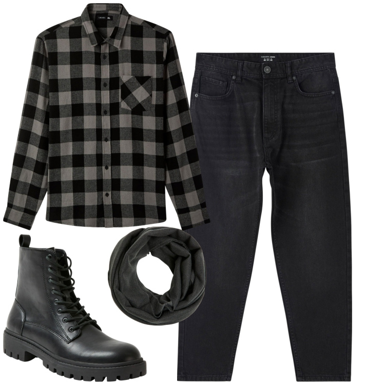 Outfit uomo - City. Stile Casual per Tutti i giorni. Abbinamento con sciarpe, jeans, anfibi, camicie.