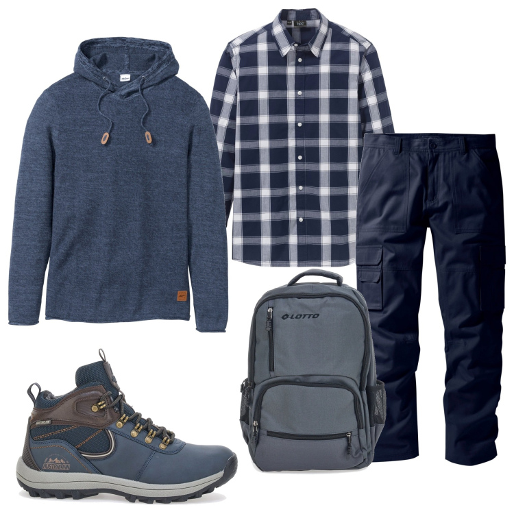 Outfit uomo - Verso il rifugio in montagna. Stile Casual per Sport. Abbinamento con maglieria, camicie, pantaloni cargo, scarpe sportive, borse sportive.