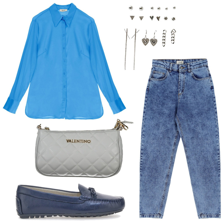 Outfit donna - Jeans e camicia. Stile Casual per Ufficio. Abbinamento con orecchini, camicie, jeans slim fit, mocassini, borse a spalla.