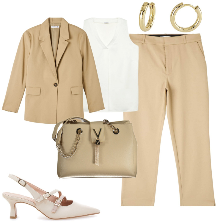 Outfit donna - City. Stile Bon Ton per Tutti i giorni. Abbinamento con pantaloni chino, blazer, orecchini, top, décolleté, borse a spalla.