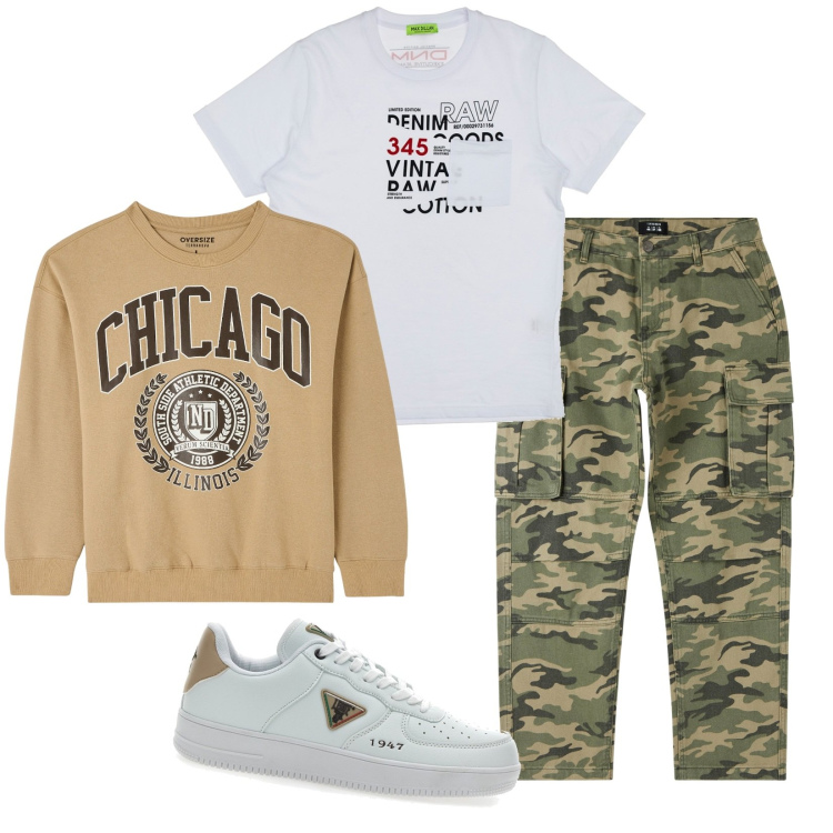 Outfit uomo - Ispirazione d\'autunno. Stile Casual per Tutti i giorni. Abbinamento con pantaloni cargo, felpe, t-shirt, sneakers.