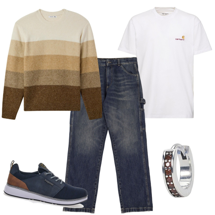 Outfit uomo - Il maglioncino nei toni caldi. Stile Casual per Tutti i giorni. Abbinamento con maglieria, orecchini, jeans, sneakers, t-shirt.