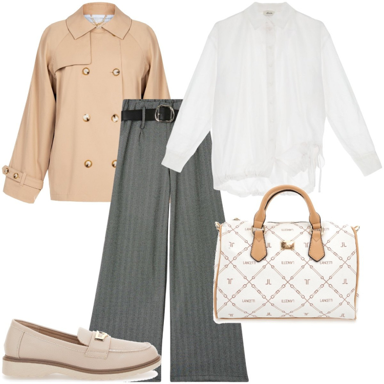 Outfit donna - Pronta per il weekend. Stile Bon Ton per Tutti i giorni. Abbinamento con pantaloni, trench, camicie, mocassini, borse a mano.