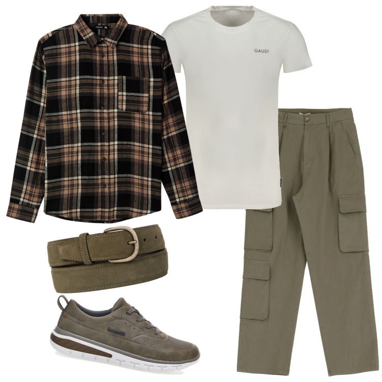 Outfit uomo - Autunno in arrivo. Stile Casual per Tutti i giorni. Abbinamento con camicie, pantaloni cargo, cinture, sneakers, t-shirt.
