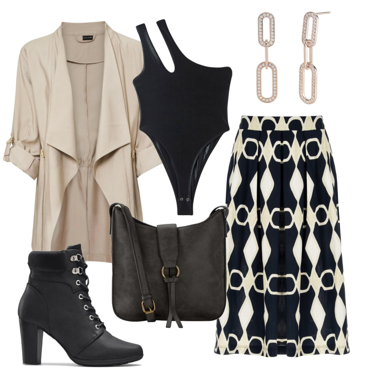 Outfit donna - Total look #1954505. Stile Boho per Ufficio. Abbinamento con stivaletti, borse a tracolla, blazer, body, orecchini, gonne longuette.