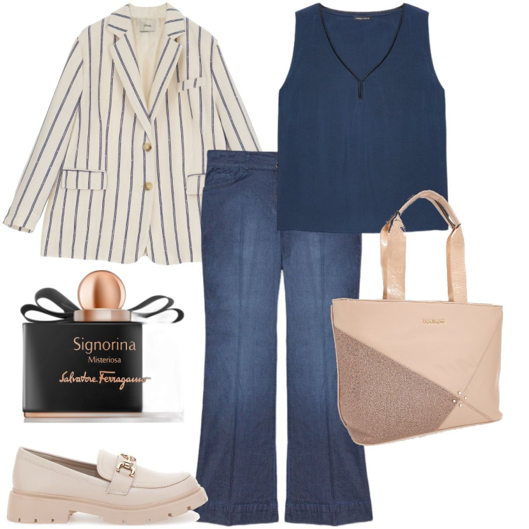 Outfit donna - Il blazer gessato. Stile Casual chic per Ufficio. Abbinamento con profumi, blazer, mocassini, jeans, borse a spalla, top.