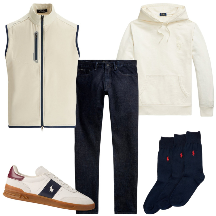 Outfit uomo - Ok così. Stile Casual per Tutti i giorni. Abbinamento con calzini, gilet, felpe con cappuccio, jeans, sneakers.