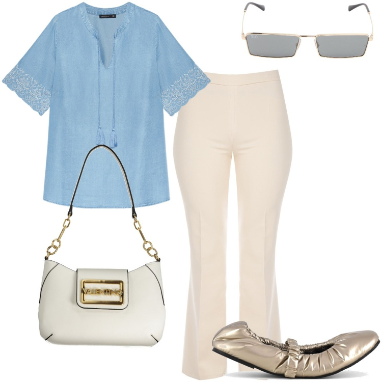 Outfit donna - La blusa etnica. Stile Etnico per Tutti i giorni. Abbinamento con pantaloni a palazzo, ballerine, bluse, occhiali da sole, borse a spalla.