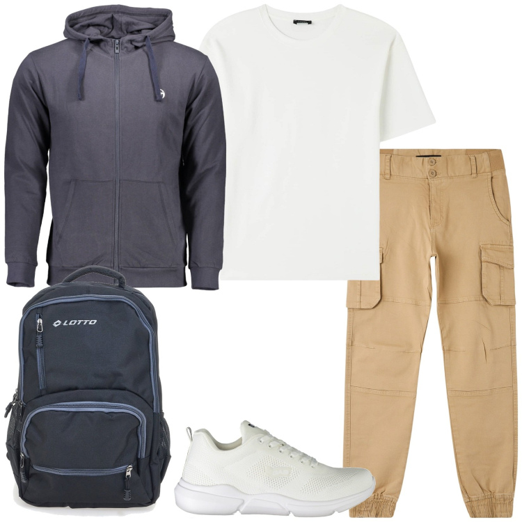 Outfit uomo - Back to school. Stile Casual per Tutti i giorni. Abbinamento con t-shirt, pantaloni cargo, felpe con cappuccio, sneakers, borse sportive.