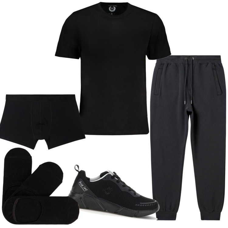 Outfit uomo - Total black. Stile Casual per Tutti i giorni. Abbinamento con calzini, boxer, pantaloni, sneakers, t-shirt.