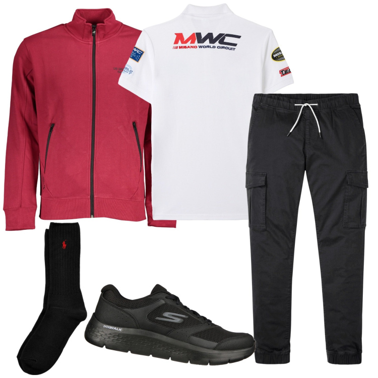 Outfit uomo - Evento sportivo. Stile Casual per Tutti i giorni. Abbinamento con pantaloni cargo, polo, calzini, sneakers, felpe.