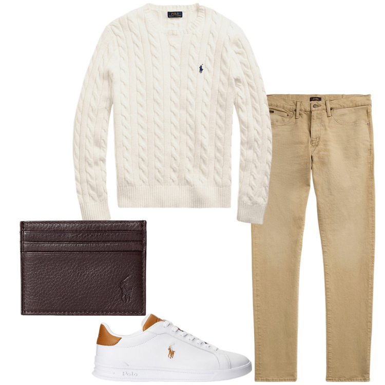 Outfit uomo - Il maglioncino per la mezza stagione. Stile Casual per Tutti i giorni. Abbinamento con jeans, portafogli, sneakers, maglieria.