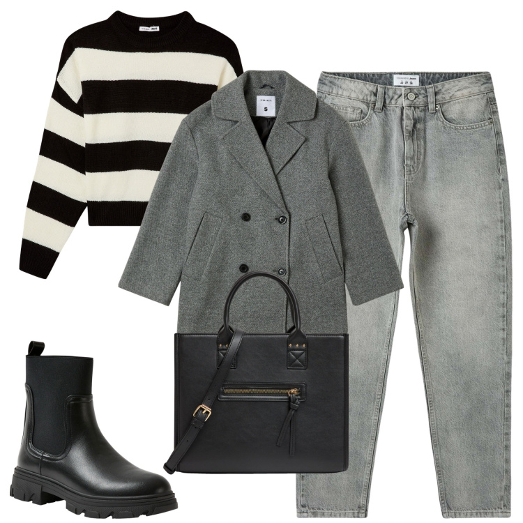 Outfit donna - City. Stile Basic per Tutti i giorni. Abbinamento con shopping bag, caban, jeans mom, maglieria, stivaletti chelsea.