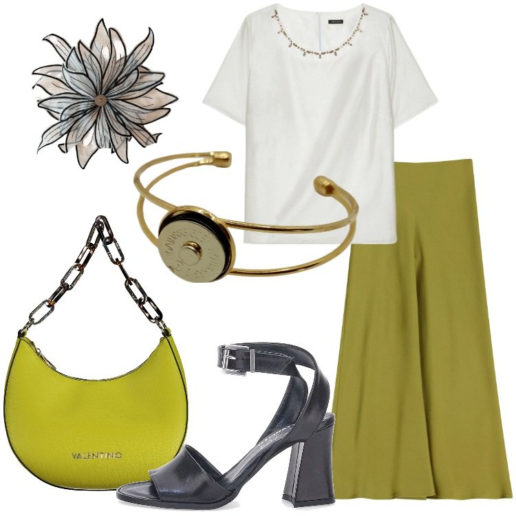 Outfit donna - New Shop - Claudia De Rosa. Stile Casual chic per Ufficio. Abbinamento con gonne lunghe, bluse, sandali in pelle, borse a spalla, anelli, braccialetti.