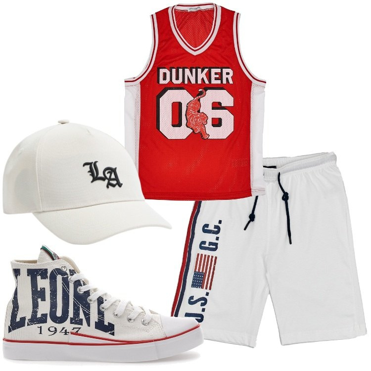Outfit uomo - Tiri liberi. Stile Casual per Sport. Abbinamento con cappelli, sneakers, pantaloni, t-shirt.