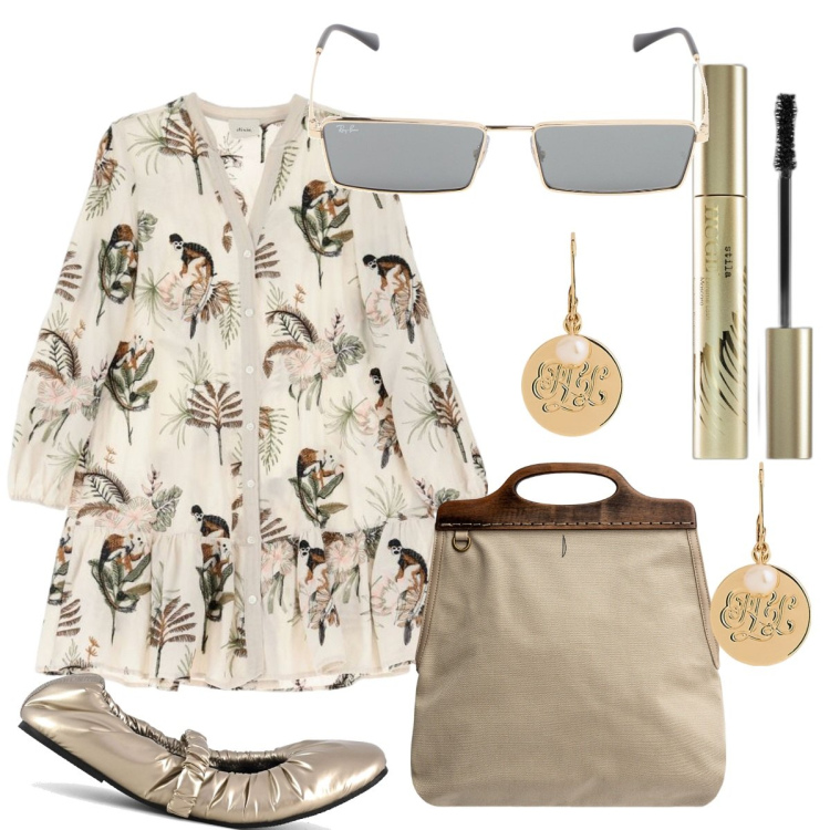 Outfit donna - Ancora estate in città. Stile Boho per Tutti i giorni. Abbinamento con mascara, vestiti corti, orecchini, borse a tracolla, ballerine, occhiali da sole.