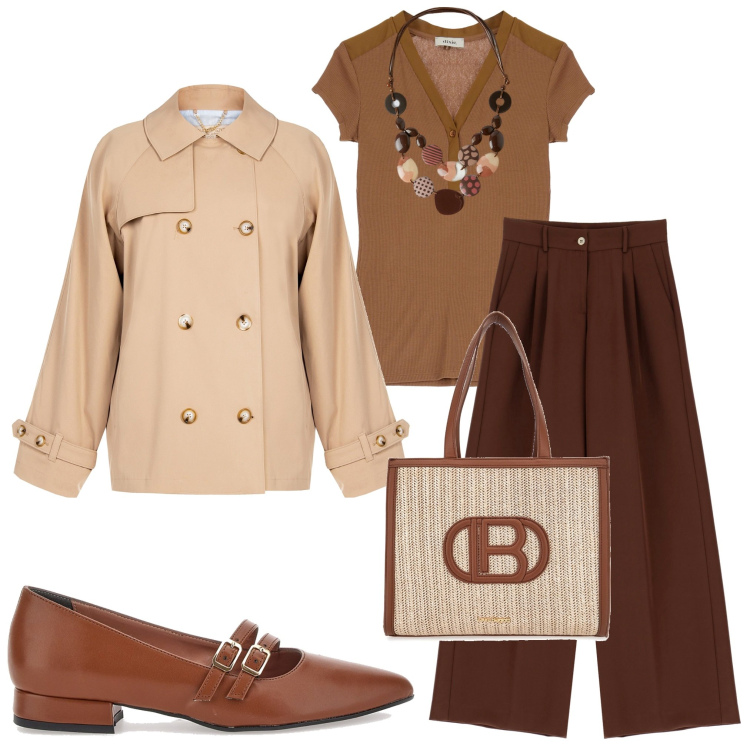 Outfit donna - Settembre nuvoloso. Stile Minimal per Ufficio. Abbinamento con trench, pantaloni a palazzo, t-shirt, ballerine, borse a spalla, collane.