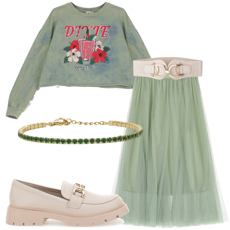 Outfit donna - Verde acqua. Stile Romantica per Serata fuori. Abbinamento con cinture, braccialetti, felpe, gonne lunghe, mocassini.