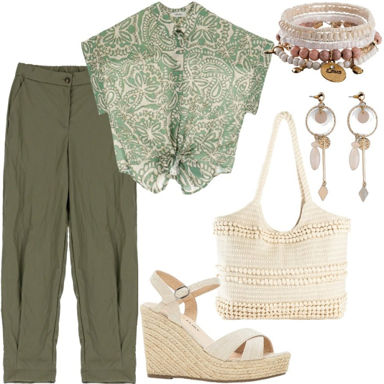Outfit donna - Total look #1954620. Stile Boho per Tutti i giorni. Abbinamento con braccialetti, orecchini, sandali, shopping bag, pantaloni, camicie a manica corta.