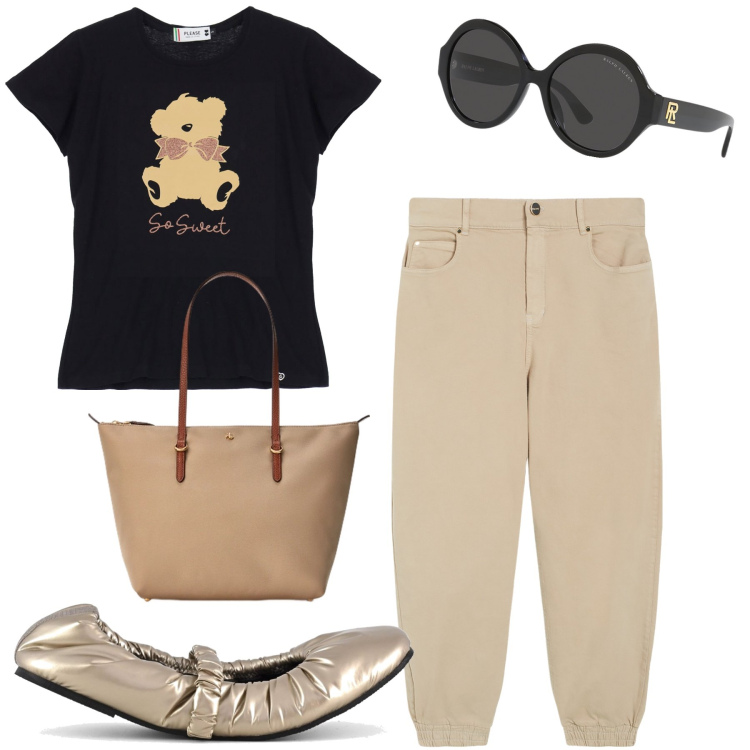 Outfit donna - Nero e beige basic chic. Stile Casual chic per Tutti i giorni. Abbinamento con t-shirt, jeans skinny, occhiali da sole, borse tote, ballerine.