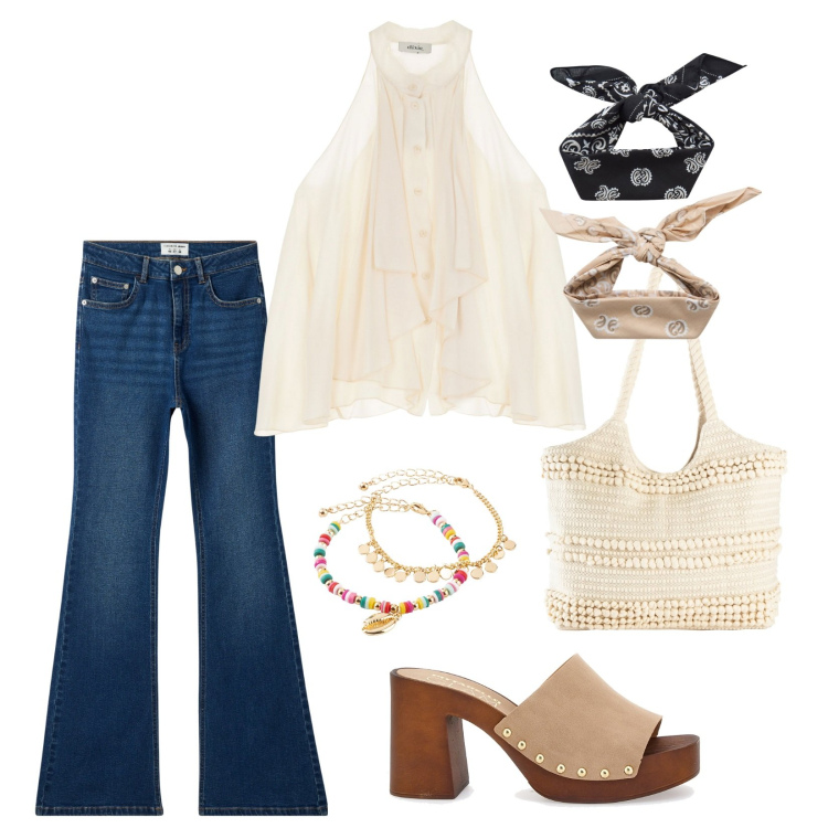 Outfit donna - Stile Boho a tinta unita!!!. Stile Boho per Serata fuori. Abbinamento con shopping bag, braccialetti con ciondoli, jeans a zampa, fasce per capelli, top, zoccoli.