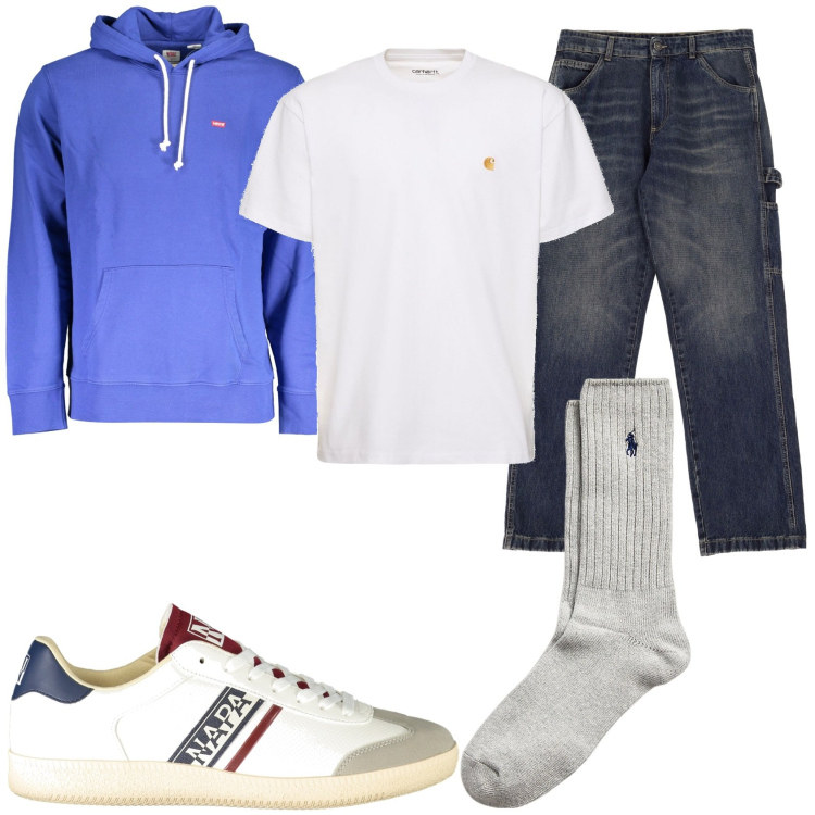 Outfit uomo - Una felpa e un jeans. Stile Casual per Tutti i giorni. Abbinamento con jeans, calzini, sneakers, t-shirt, felpe con cappuccio.