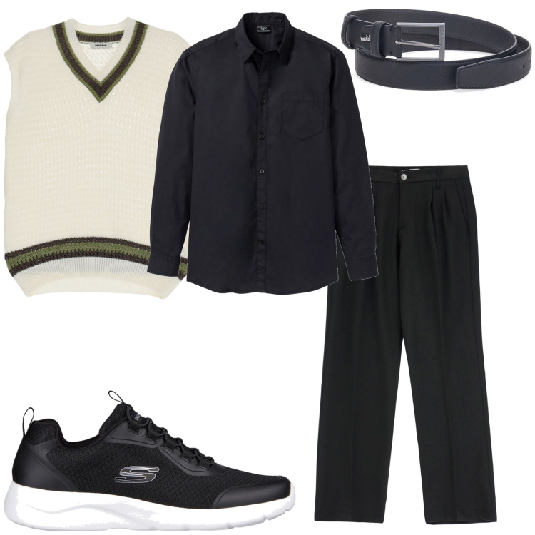 Outfit uomo - Pantalone e gilet. Stile Trendy per Tutti i giorni. Abbinamento con camicie, pullovers, pantaloni, cinture, sneakers.