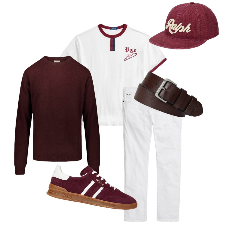 Outfit uomo - Elegante sportivo. Stile Trendy per Tutti i giorni. Abbinamento con jeans, cinture, sneakers, t-shirt, cappelli, maglieria.