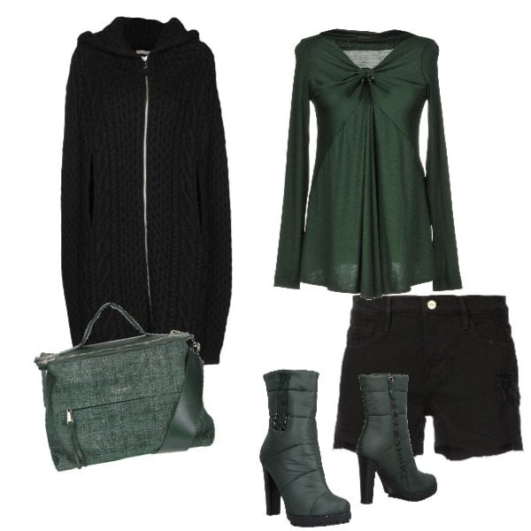 Outfit donna - Verde opaco everyday. Stile Trendy per Scuola/Università. look ideale per Petite. Abbinamento con stivaletti effetto scamosciato con tacco squadrato e zip interno foderato con punta tonda in tessuto tecnico tinta unita, mantella a trecce lavorato a maglia collo tondo con zip interno sfoderato tinta unita, t-shirt senza tasche collo a v a maniche lunghe jersey, shorts in denim nero, borsa a tracolla con manico tweed con zip made italy con scomparti.