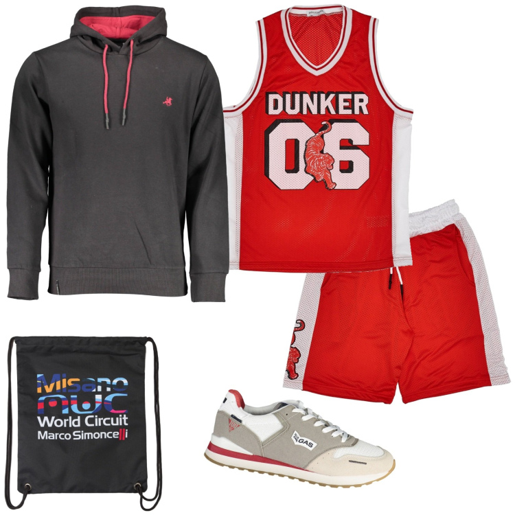 Outfit uomo - Sport. Stile Casual per Sport. Abbinamento con borse sportive, scarpe sportive, felpe con cappuccio, pantaloni, t-shirt.