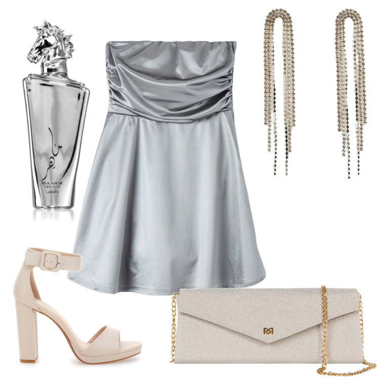 Outfit donna - Oro e argento. Stile Sexy per Serata fuori. Abbinamento con profumi, vestiti corti, orecchini, pochette, sandali col tacco.