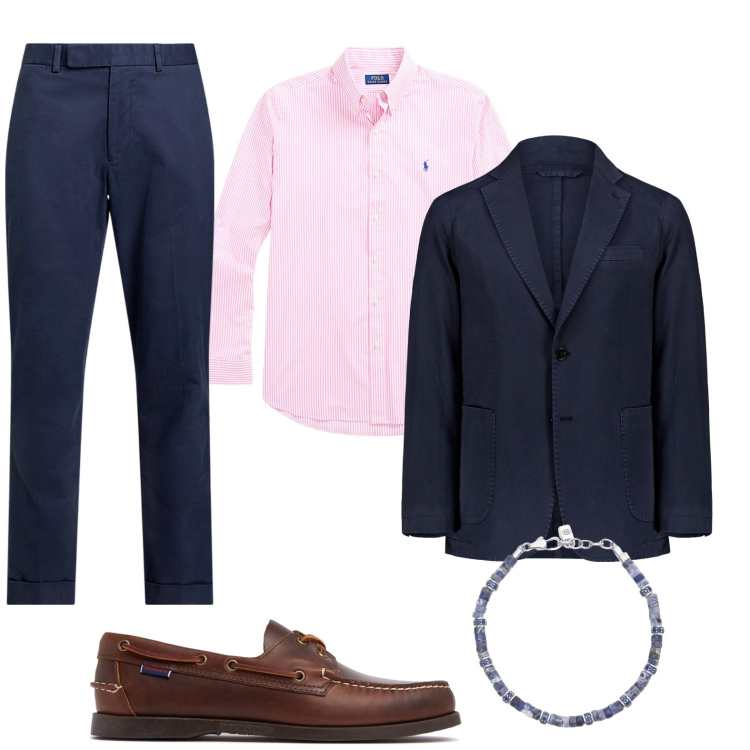 Outfit uomo - Linee classiche. Stile Trendy per Serata speciale. Abbinamento con braccialetti, camicie, pantaloni chino, giacche, scarpe stringate.