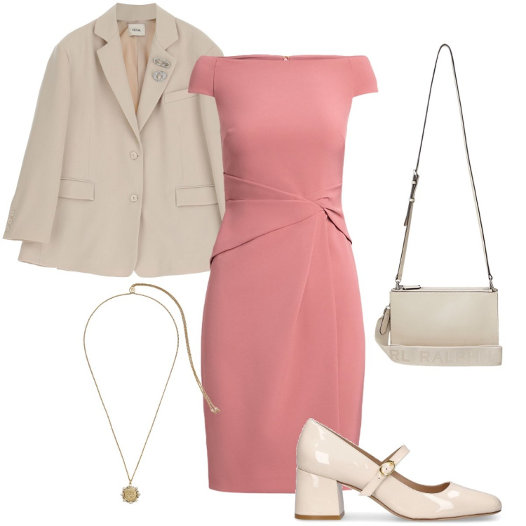 Outfit donna - Toni chiari. Stile Bon Ton per Cerimonia. Abbinamento con blazer, borse a tracolla, vestiti, ciondoli, décolleté.