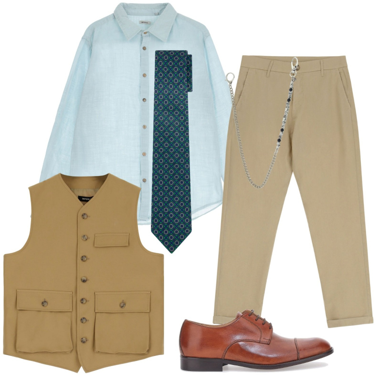 Outfit uomo - Incontro speciale. Stile Trendy per Serata speciale. Abbinamento con gilet, camicie, collane, pantaloni, scarpe stringate, cravatte.