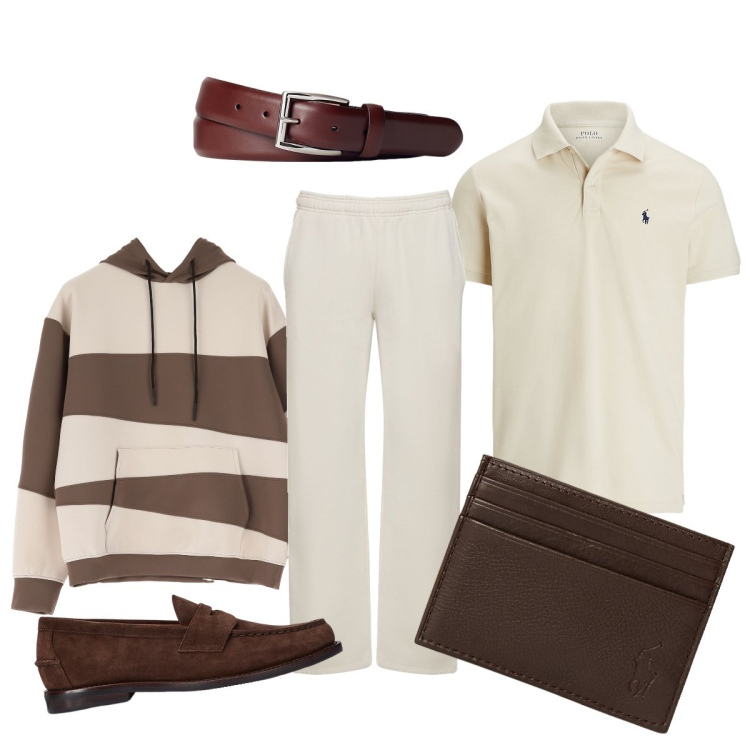 Outfit uomo - Accessori marroni. Stile Trendy per Serata speciale. Abbinamento con felpe con cappuccio, cinture, scarpe stringate, portafogli, polo, pantaloni.